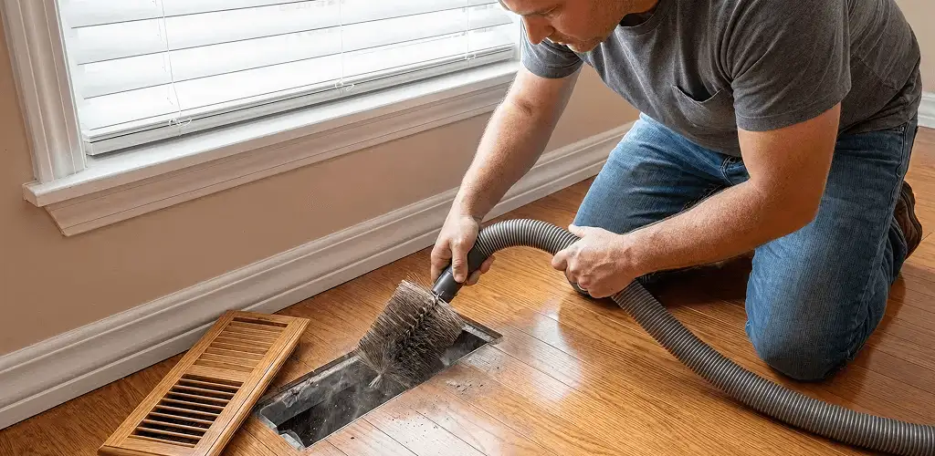 Air duct cleaning technician vacuuming a floor vent and duct opening in Knoxville, TN