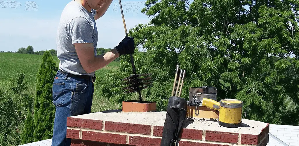 Chimney cleaning technician working on a rooftop chimney with professional tools in Knoxville, TN