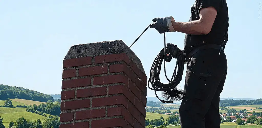 Chimney sweep inspecting and cleaning a rooftop chimney in Knoxville, TN