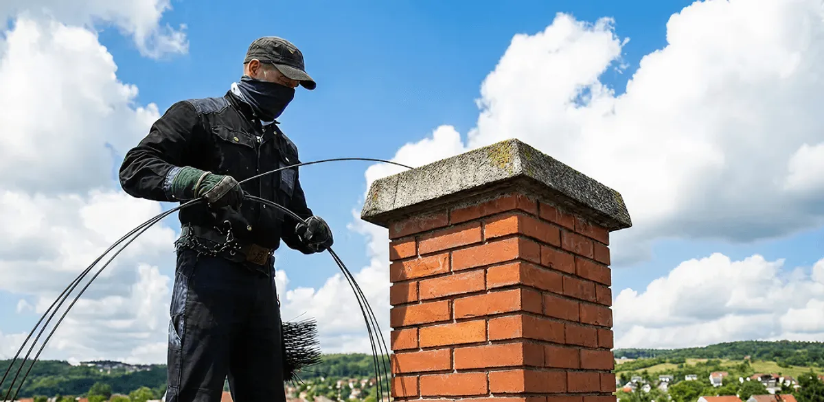 Chimney sweep cleaning a brick chimney with professional tools in Knoxville, TN