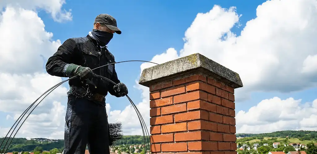 Chimney sweep cleaning a brick chimney with professional tools in Knoxville, TN