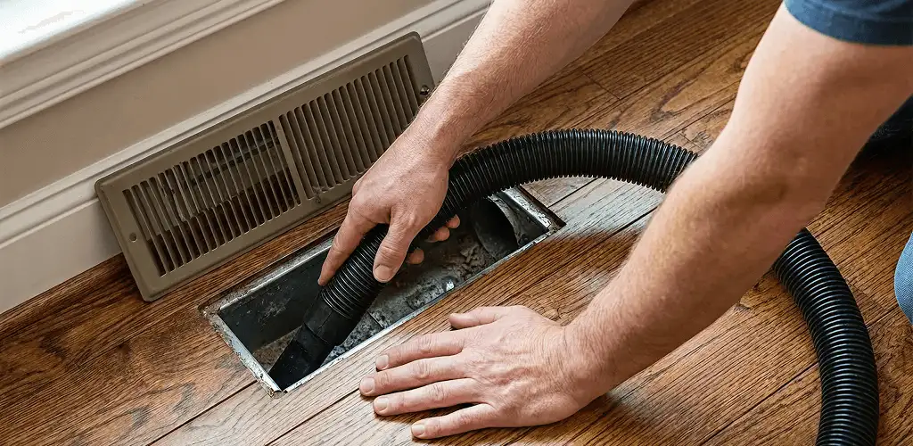 Air duct cleaning technician vacuuming a floor register and duct opening in Knoxville, TN