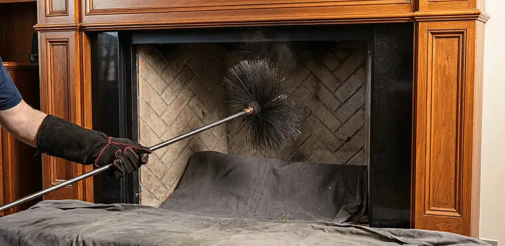 Chimney cleaning service brushing soot from a fireplace and flue in Knoxville, TN