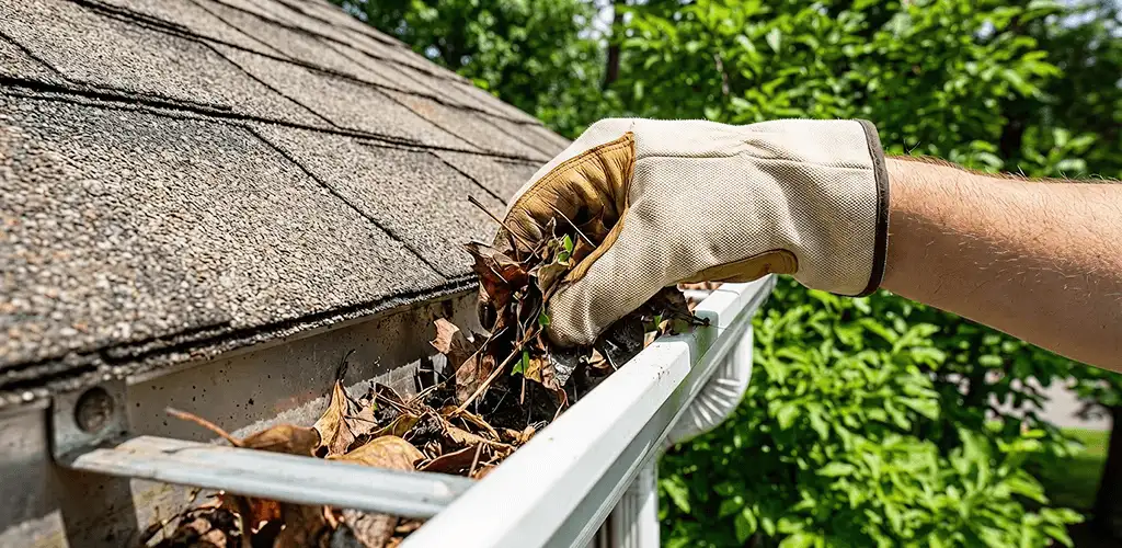 Gutter cleaning removing leaves and debris from roof gutters in Knoxville, TN