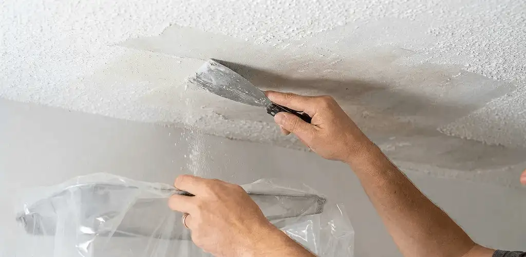Popcorn ceiling removal technician scraping texture from a ceiling in Knoxville, TN