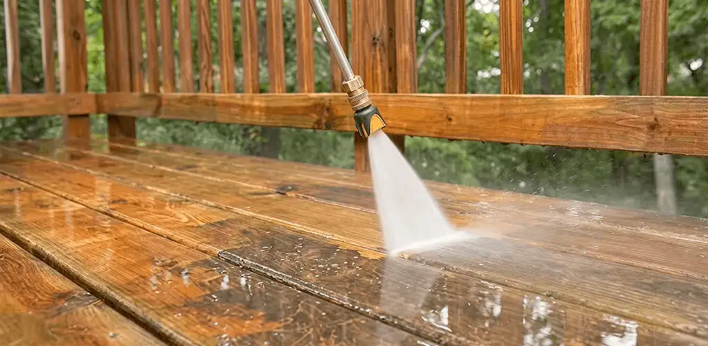 Pressure washing a wood deck to remove dirt and buildup in Knoxville, TN
