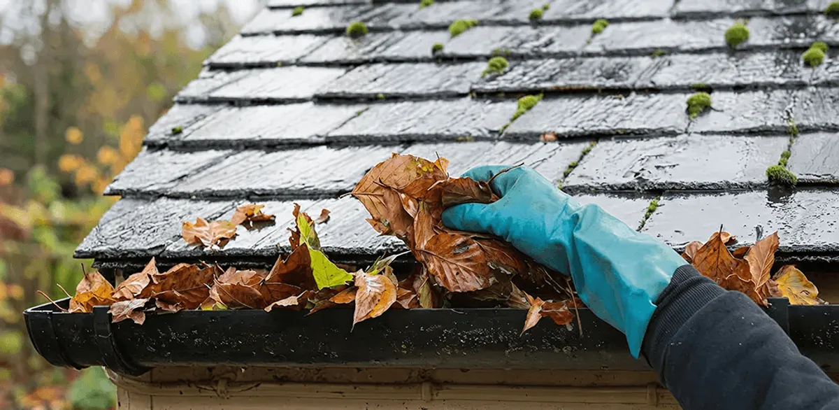 Gutter cleaning technician clearing wet leaves from roof gutters in Knoxville, TN