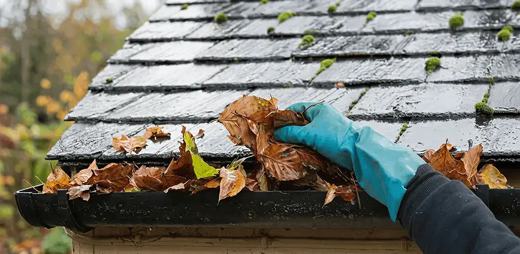 Gutter cleaning technician clearing wet leaves from roof gutters in Knoxville, TN