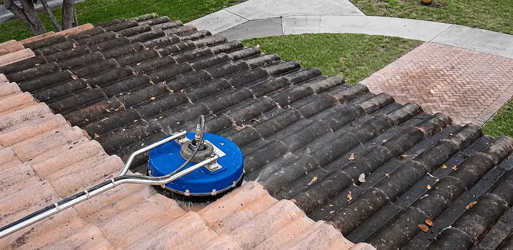 Roof pressure cleaning removing debris and buildup from roof tiles in Knoxville, TN