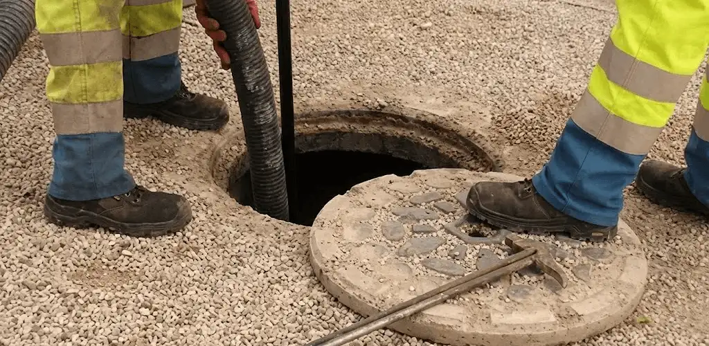 Drain cleaning crew clearing a sewer access point with professional equipment in Knoxville, TN