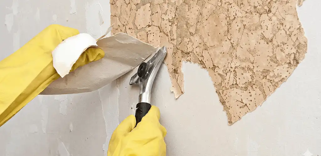 Wallpaper removal service stripping old wallpaper from a wall in Knoxville, TN
