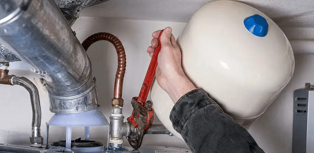 Water heater repair technician tightening plumbing connections near a tank unit in Knoxville, TN